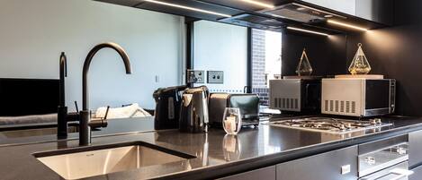 Fridge, microwave, oven, stovetop