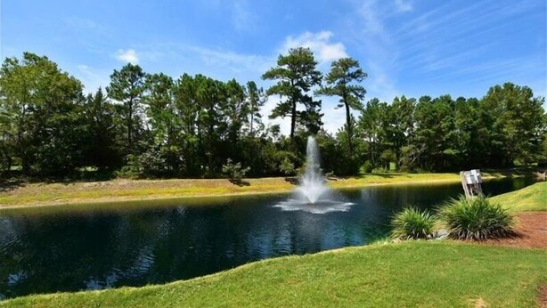 Um lago tranquilo com uma fonte, rodeado por vegetação exuberante e árvores altas.