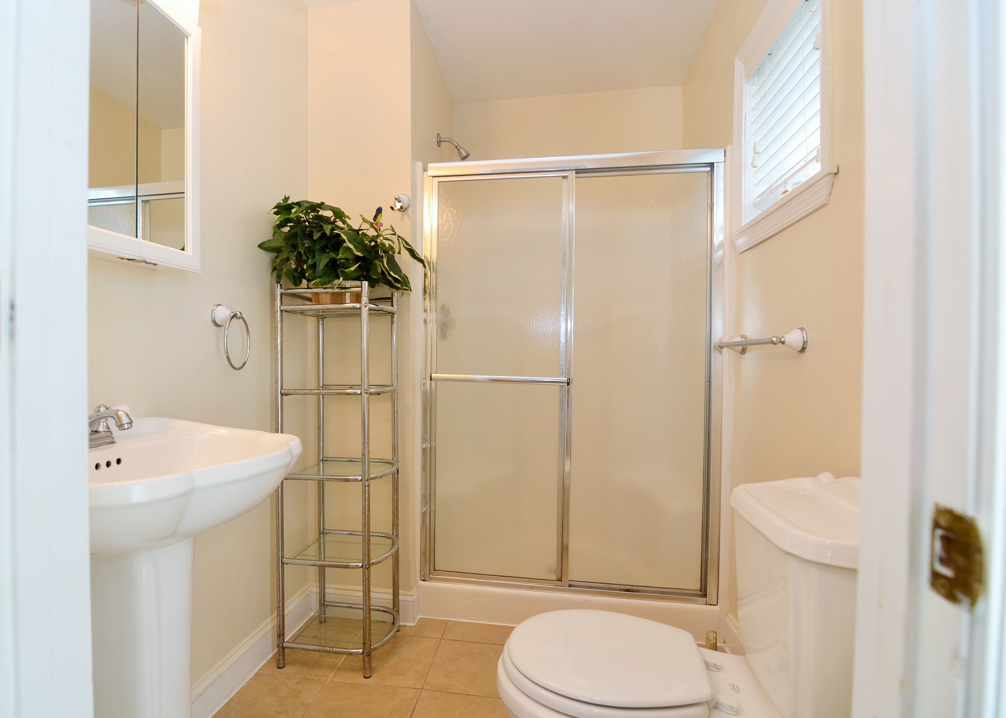 A bathroom with a glass-enclosed shower, a white sink, and a toilet.