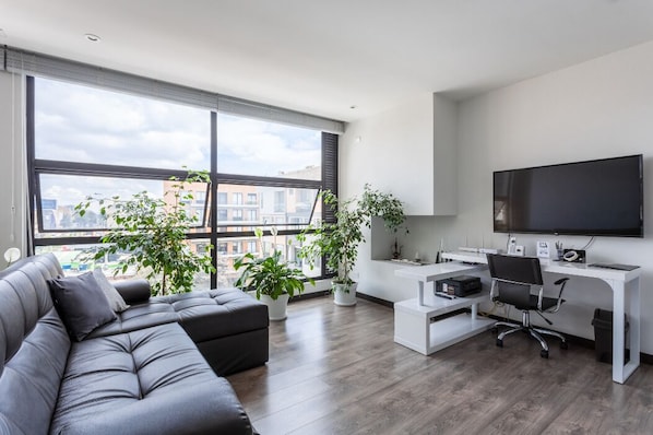 Smart TV, fireplace, books, video library