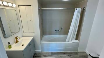 Bathtub, hair dryer, towels, soap