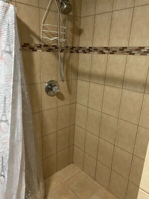 Shower, hair dryer, towels, toilet paper