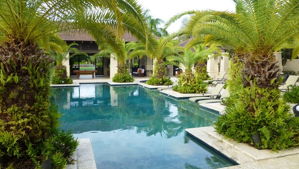 A pool surrounded by lush greenery and palm trees, with lounge chairs and a building in the background. - veElegant Villa, Pool, Golf Cart, Beach & Resort Amenities. Secure & Relaxing (Río Grande)