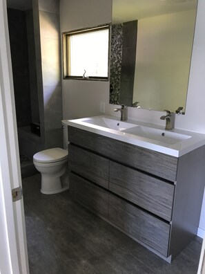 Combined shower/bathtub, hair dryer, towels, soap