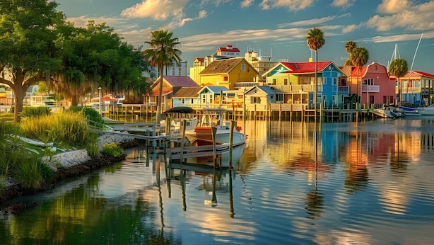 Una propiedad frente al agua con muelle, barcos y edificios coloridos.