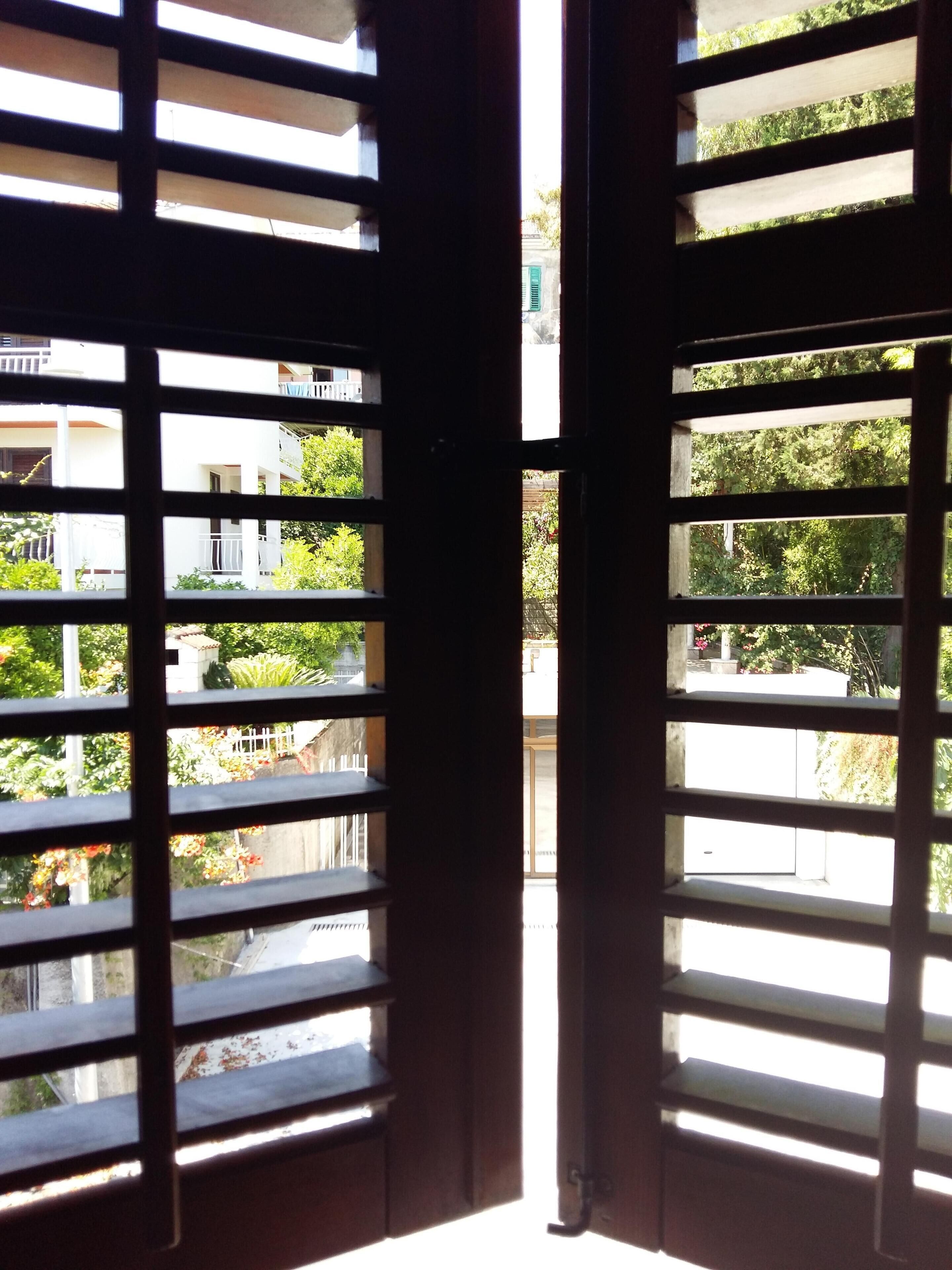 A view through window bars with greenery and buildings in the background.