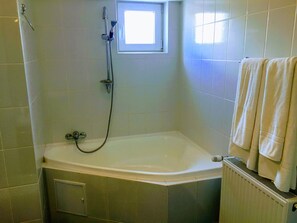 Combined shower/tub, hair dryer, bidet, towels
