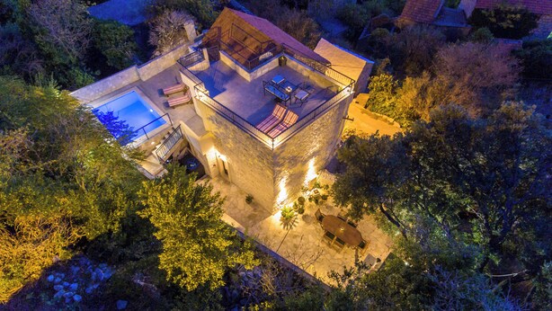 A two-story stone house with a swimming pool, outdoor seating, and a staircase. - Best host 2025 - 19th Century Stone Art Villa - Pool & 360° Sea View terrace (Makarska)