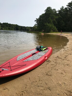 Una tavola da paddleboard rossa su una spiaggia sabbiosa, con acque calme e alberi sullo sfondo.