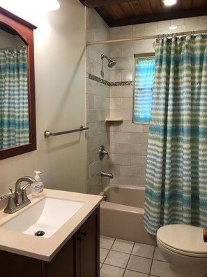 Bañera con ducha, secador de pelo, jabón, papel higiénico