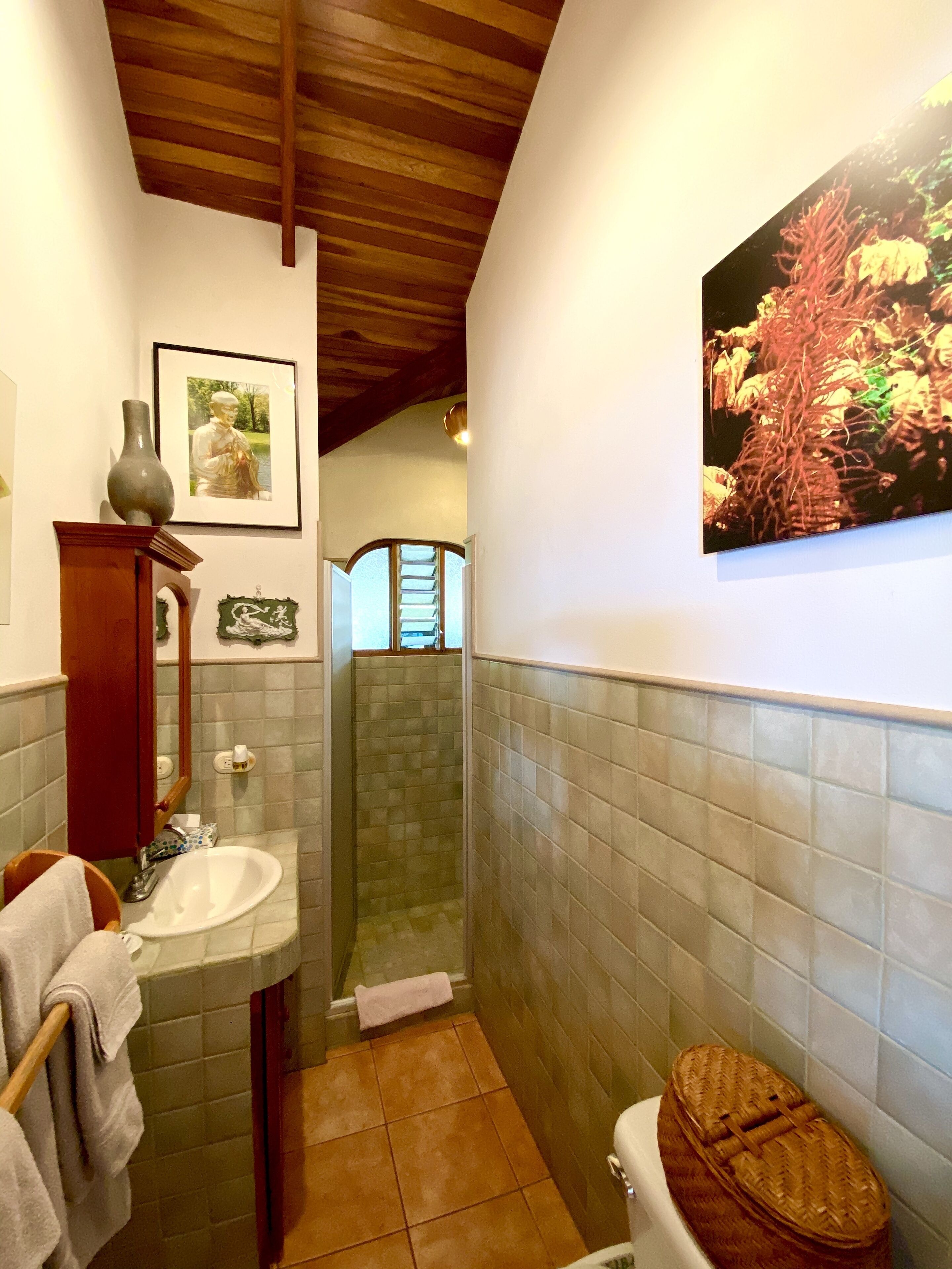 A bathroom with a wooden ceiling, a white sink, a toilet with a woven seat, a framed picture on the wall, and a shower area.