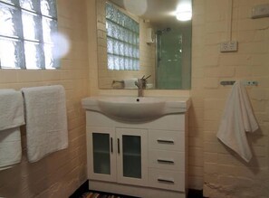 Combined shower/tub, hair dryer, towels, soap