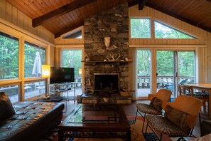 TV connectée, cheminée, lecteur de DVD, chaîne hi-fi