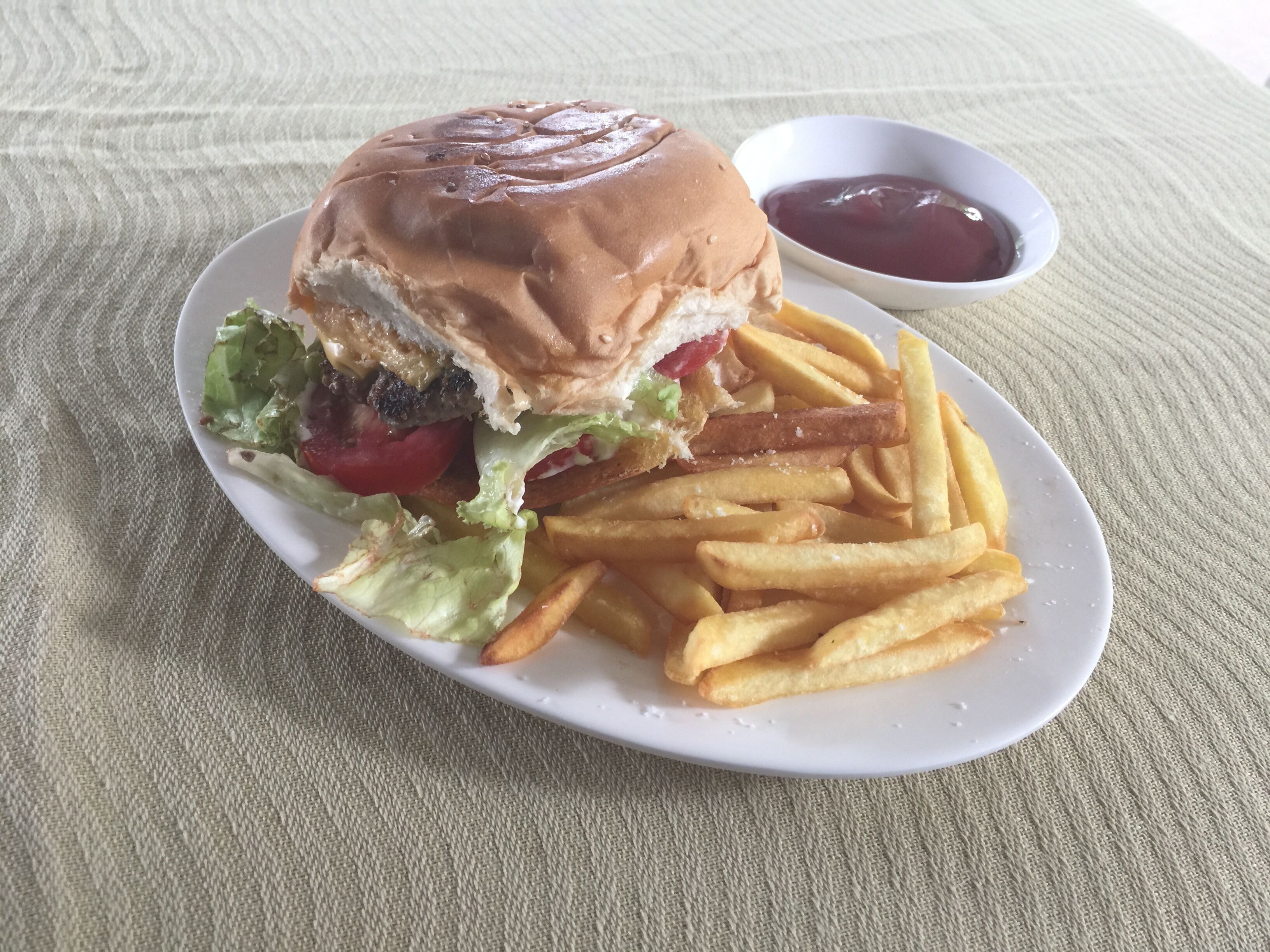A plate with a burger and fries, and a small bowl of ketchup.