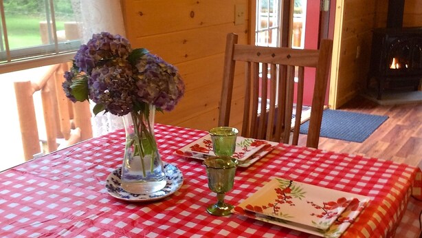 A dining area with a checkered tablecloth, floral table settings, and a vase of flowers. - Log Cabin/screened porch, 9 Acres/ Mountain views (Woodstock)