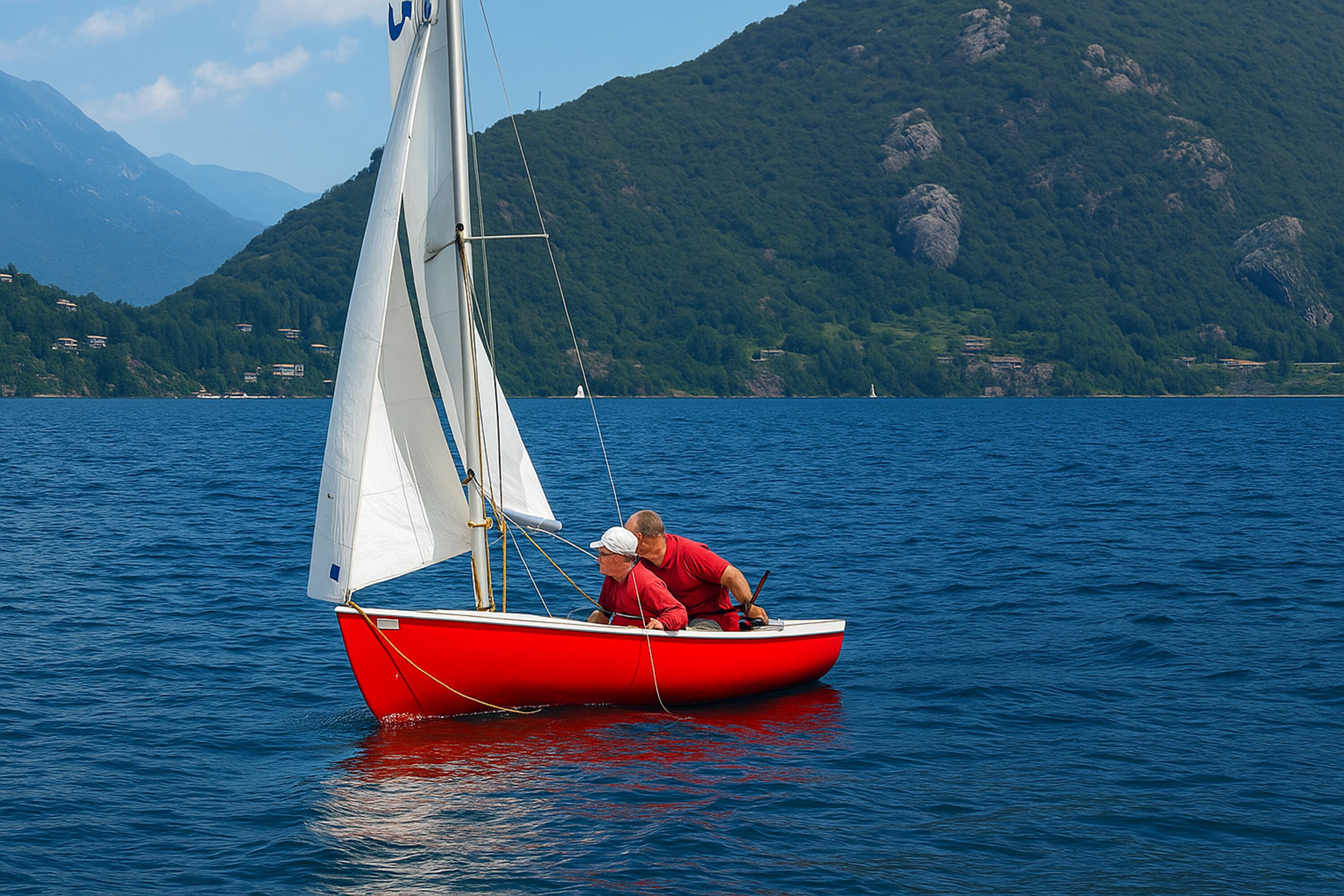 Een rode zeilboot op een kalm meer met een bergachtige achtergrond.