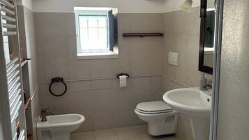 Bañera con ducha, secador de pelo, bidet, toallas