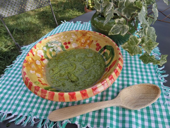 Eine Schüssel mit grüner Soße auf kariertem Tuch, mit einem Holzlöffel.