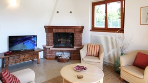 A living room with a fireplace, a television, and a sofa. - MAISON LA VALLETTA VILLA WITH POOL BERGAMO  (Ponteranica)