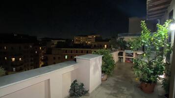 A rooftop terrace with potted plants, a tiled floor, and a view of surrounding buildings at night.