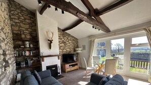 Un salón acogedor con pared de piedra, chimenea, televisor y un amplio ventanal con vistas panorámicas.