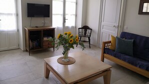 A living room with a wooden coffee table, a blue sofa, a bookshelf, and a television. - Delightful Gite in SW France - Private Garden, Close to Town & beautiful walks   (Mazamet)