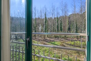 A view through a window with a metal railing, a door handle, and a forested landscape in the background.