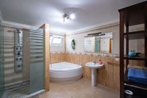 Combined shower/bathtub, jetted bath, hair dryer, bidet