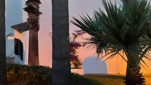 A row of palm trees in front of a white building with a moon in the sky. - Walk to beaches,pool and town. Bright, Spacious, luxury.  A/C, WiFi, own garden. (Monte carvoerio)