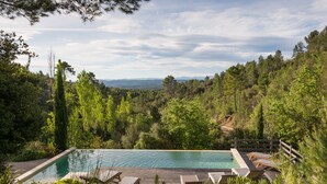 Una piscina con cubierta de madera y sillas de descanso, rodeada de abundante vegetación y un lateral cubierto de bosque.