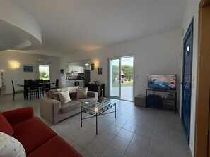 TV, fireplace, DVD player - 🌅 Villa Avouri Kalathos – Peace, Views & Private Pool near Lindos (Kalathos)