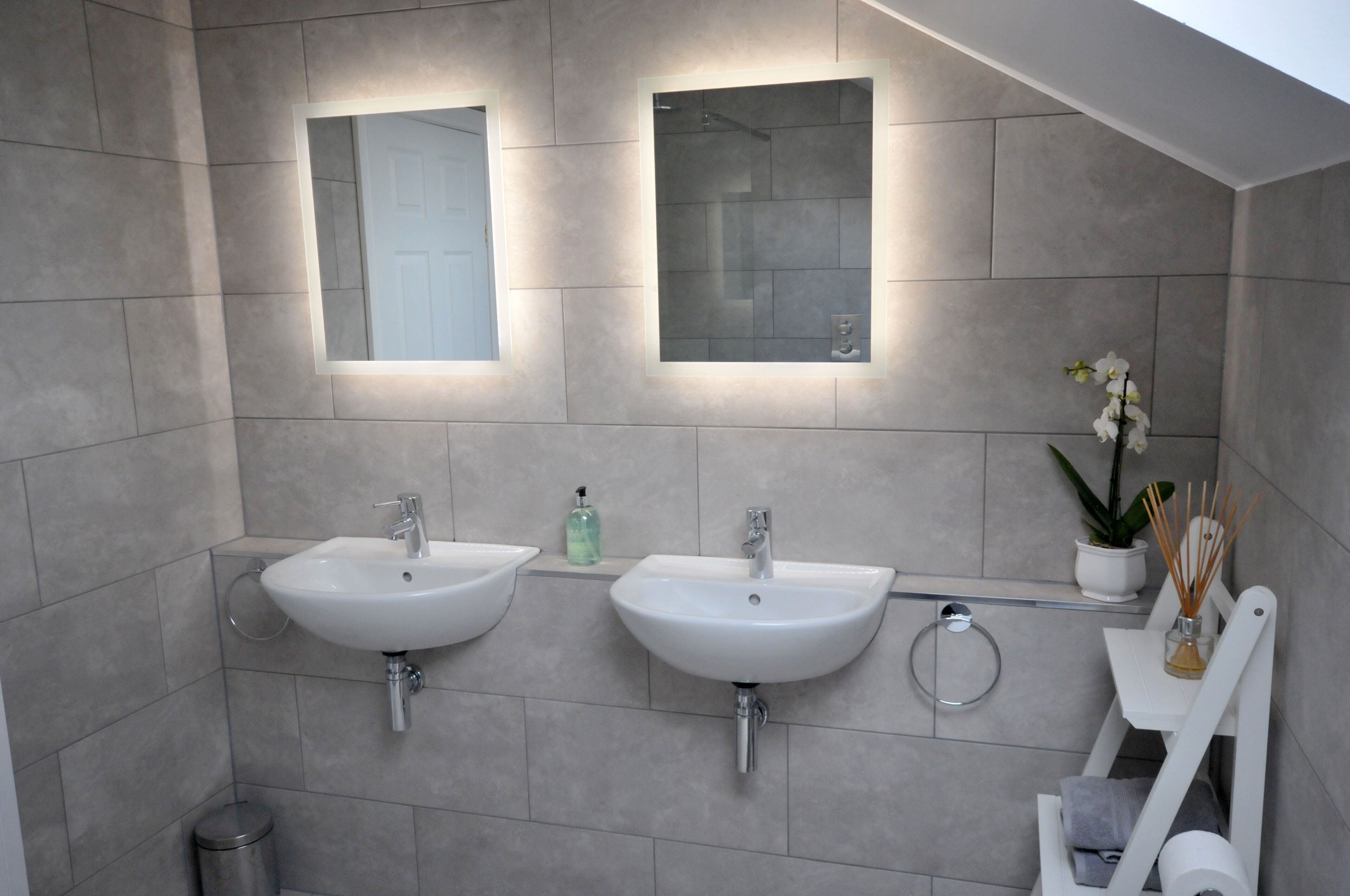 Une salle de bain moderne avec deux lavabos, un miroir et une petite plante.