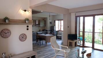 TV a schermo piatto, caminetto, libri