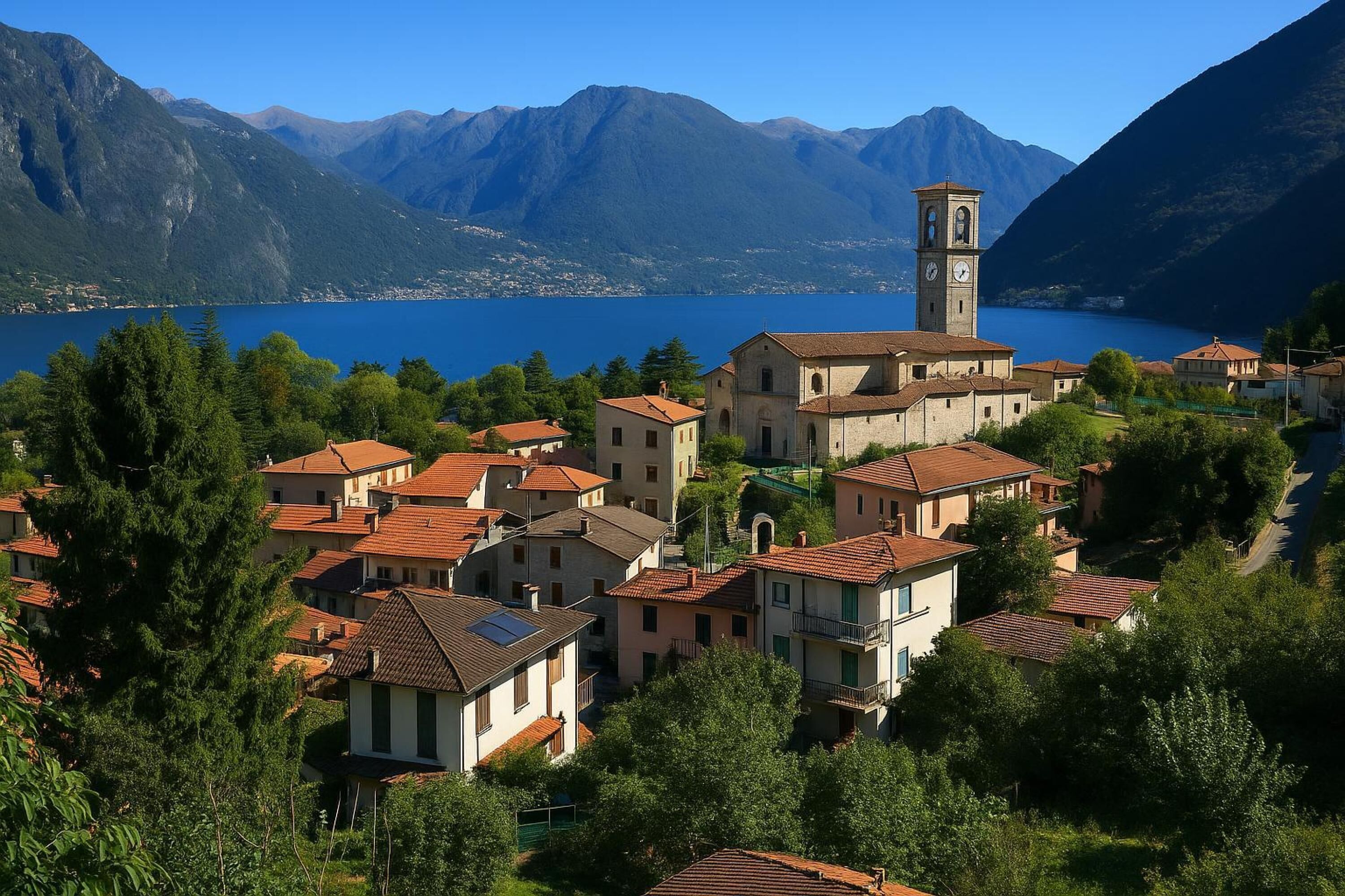 Un pueblo a orillas de un lago con arquitectura tradicional, una imponente torre del reloj y un telón de fondo montañoso.