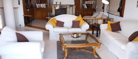 Fernseher, Kamin, Tischtennisplatte, Bücher
