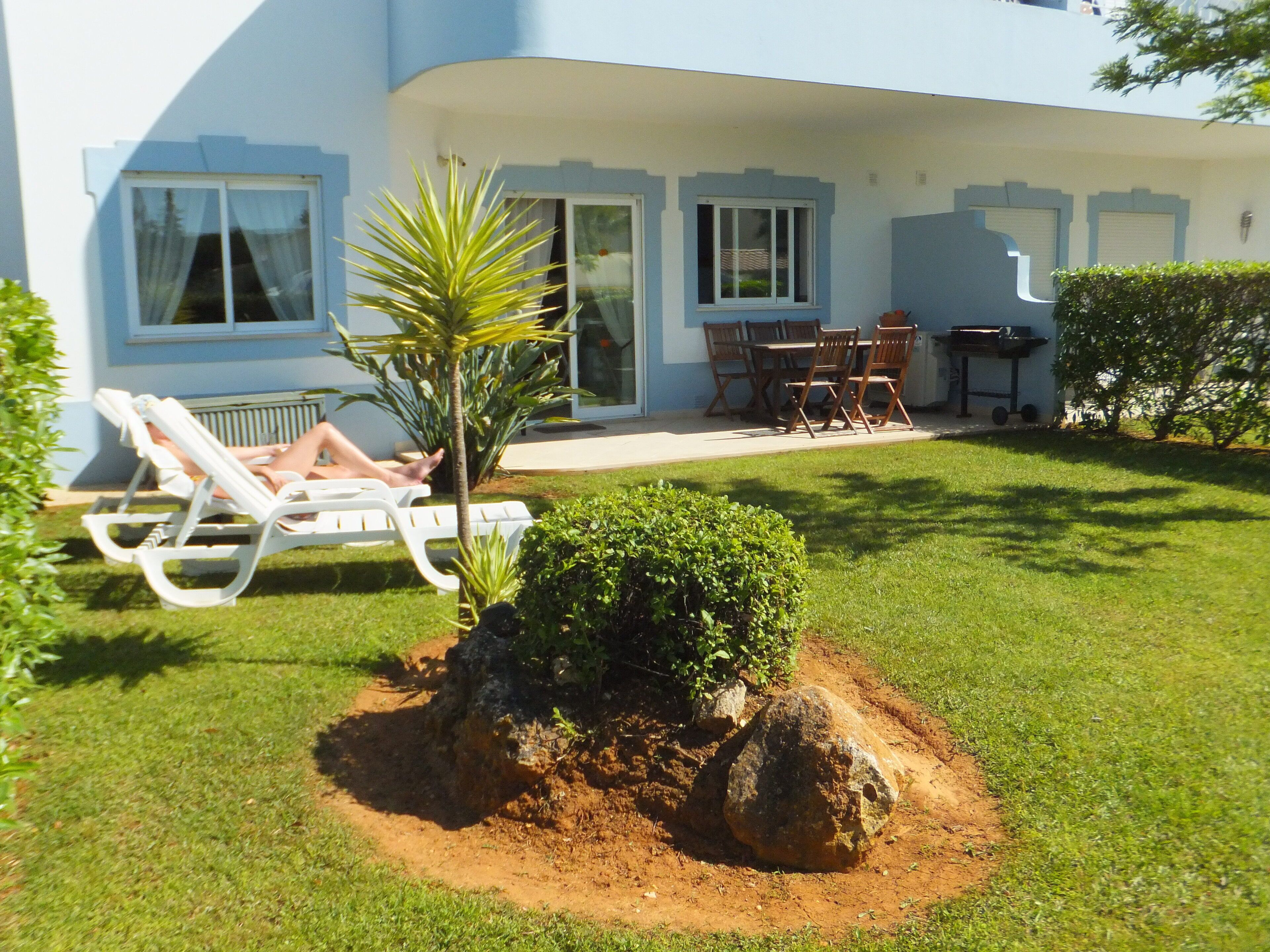 A house with a patio area, a small garden with a palm tree, and a dining table with chairs.