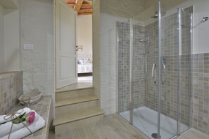 Shower, hair dryer, bidet, towels