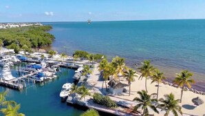 A marina with boats docked, a sandy beach with palm trees, and a clear view of the ocean. - Key Largo Oceanfront Escape: Pools, Beach, Fishing Pier, No Steps ! 🏝️ (Key Largo)