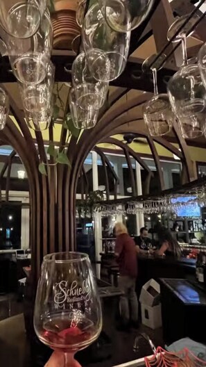 Zona de bar con copas de vino colgantes y un vaso de 'Schweppes' a la vista.