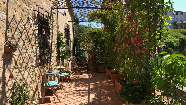 Una veranda luminosa con piastrelle di terracotta, mobili in legno e piante in vaso.