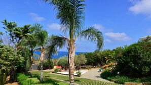 Ein Garten mit Palmen, einem Kiesweg und Blick auf das Meer.