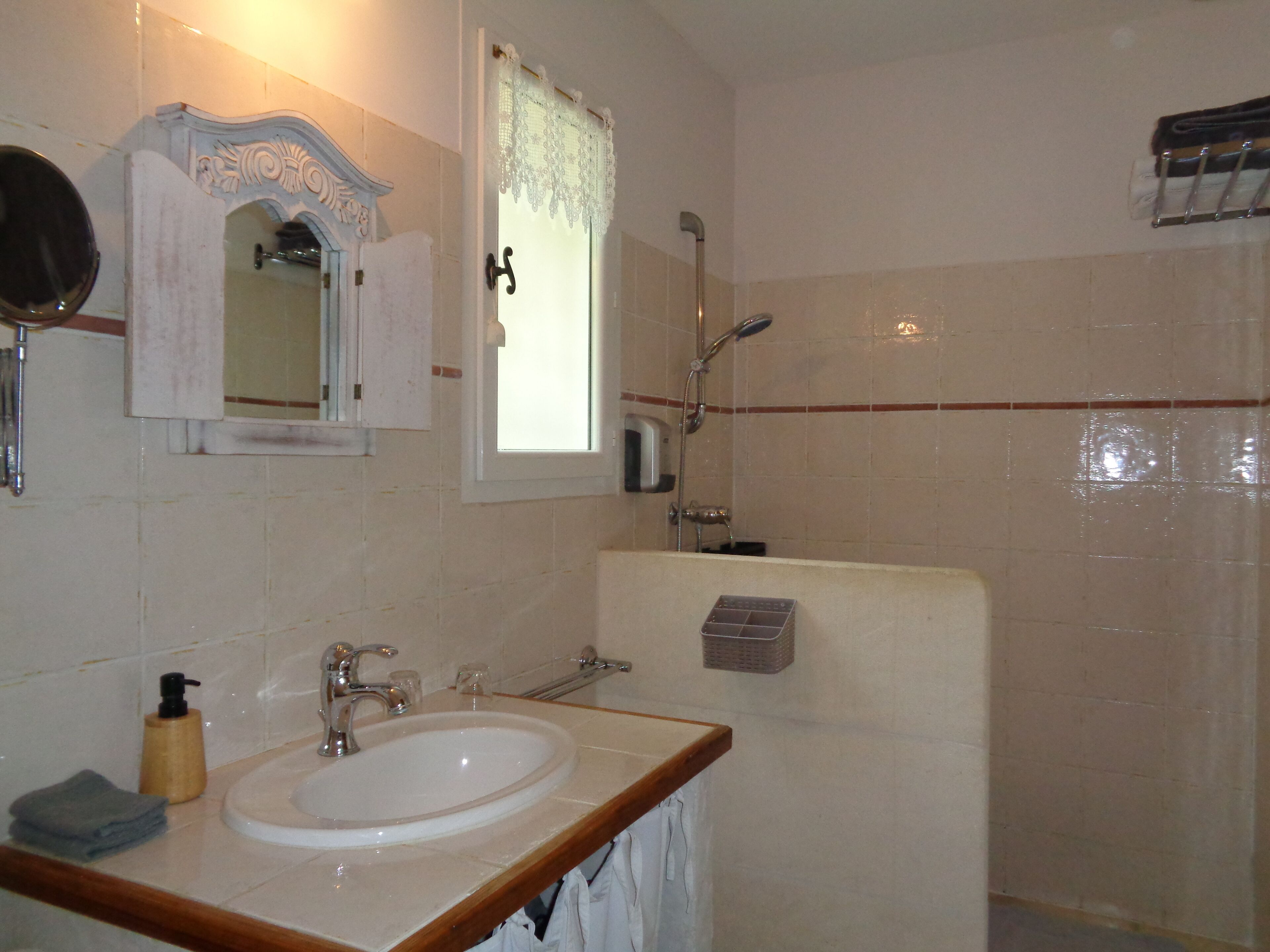 A bathroom with a sink, mirror, and shower.