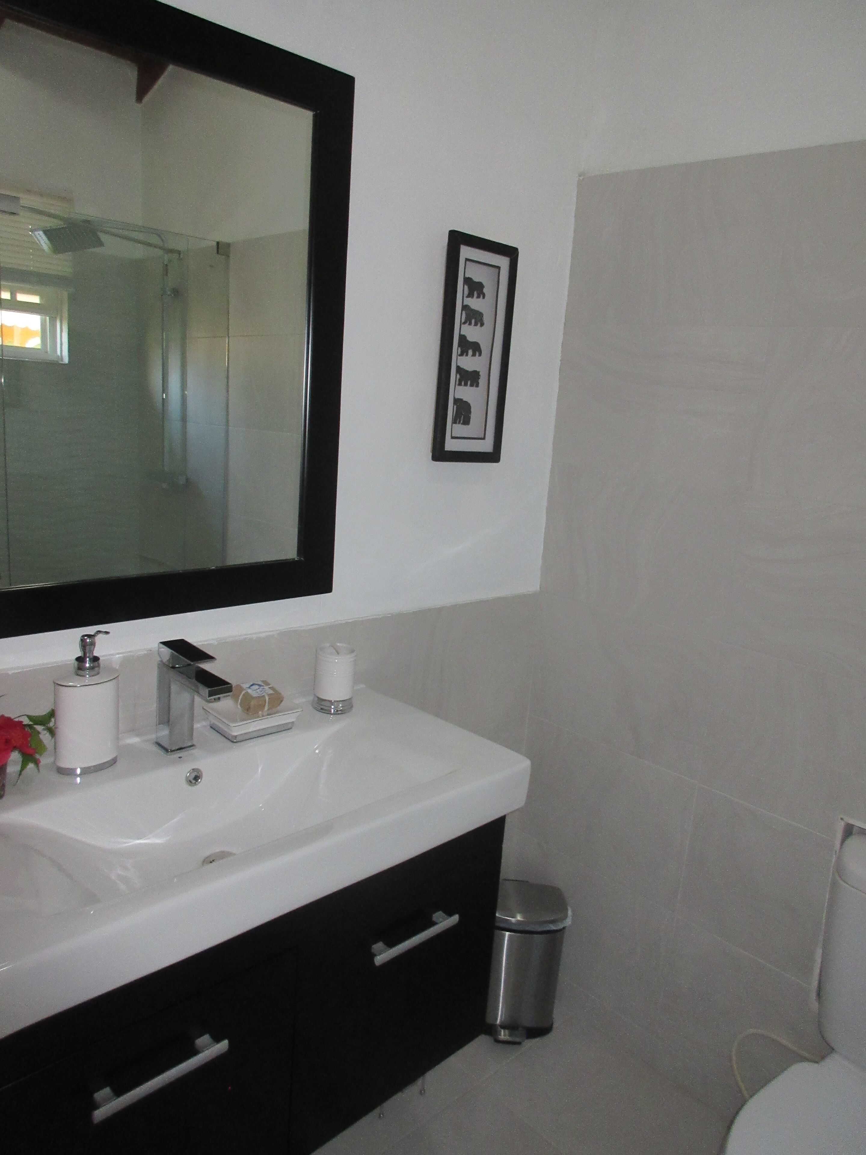 Une salle de bain avec un lavabo blanc, un grand miroir, un tableau encadré au mur et une poubelle.