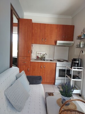 Een koelkast, een magnetron, een oven, een kookplaat