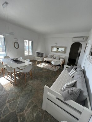 Télévision, cheminée, lecteur de DVD, livres