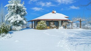 Uma casa coberta de neve com telhado vermelho, rodeada por árvores e arbustos também cobertos de neve.