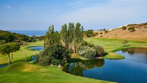Een golfbaan met een vijver, bomen en een heldere lucht.