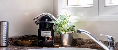 A kitchen counter with a coffee maker, a potted plant, and a stainless steel container.