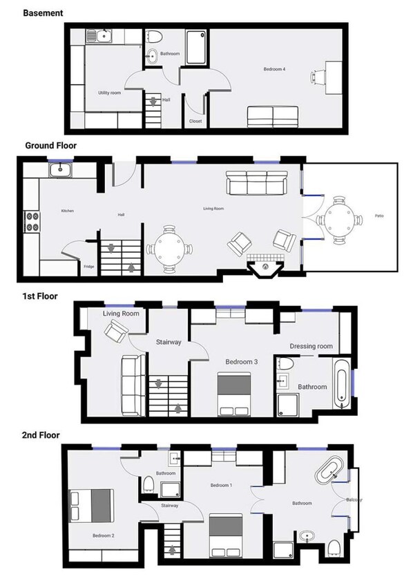 Distribución del segundo piso con sala de estar, escalera, dormitorios y un balcón.