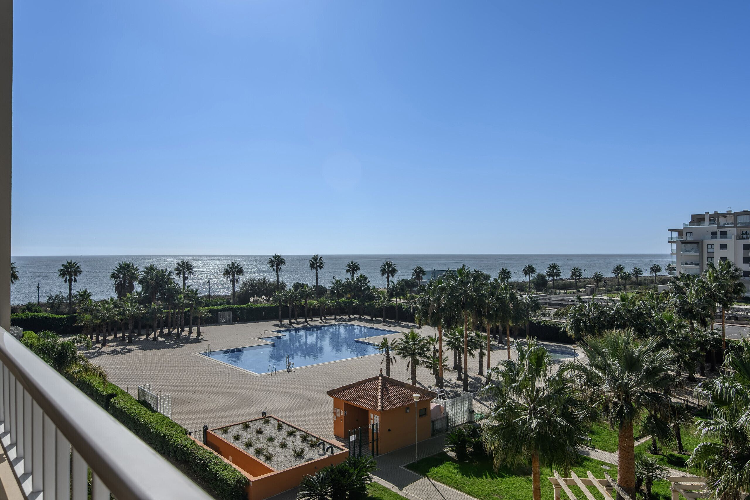 Un espace piscine agrémenté de palmiers, une plage et un ciel dégagé.
